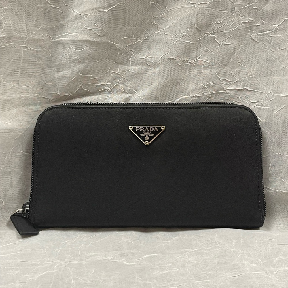 Prada nylon and leather long zipper wallet